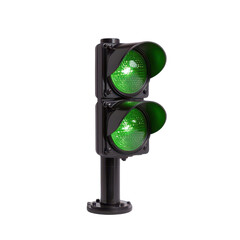 A vibrant double green traffic light signaling safety and direction for drivers at an intersection isolate on transparency background