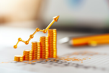 Poster - A collection of golden coins is arranged in ascending order, complemented by an upward-pointing arrow on a financial chart, showcasing investment growth