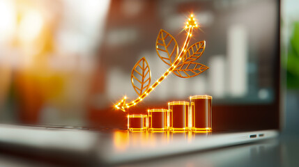 Poster - A laptop displays a glowing graph with an upward trend and leaves, highlighting the intersection of business growth and sustainability in a modern workspace