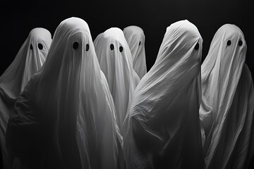 Canvas Print - A group of ghostly figures draped in white fabric, creating an eerie and mysterious atmosphere.