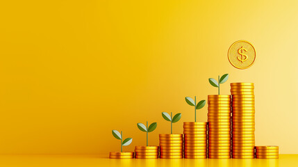 Poster - Stacks of shiny gold coins rise in height, with small green plants emerging from them, symbolizing growth and prosperity in finance. The bright yellow backdrop enhances the theme of wealth