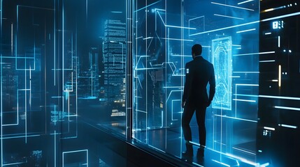 Poster - A man in a suit stands in front of a large window with a futuristic city view and blue neon lines.