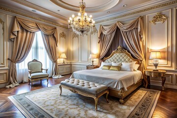 Royal Respite: Crisp white sheets, ornate bed frame, plush curtains, luxurious ambiance, opulent color palette