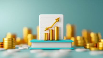 Poster - A stack of coins surrounds a book displaying a chart with upward arrows. This representation highlights financial growth, investments, and economic success in a vibrant setting