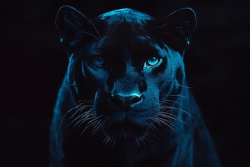 Wall Mural - A striking close-up of a black panther with glowing blue eyes against a dark background.