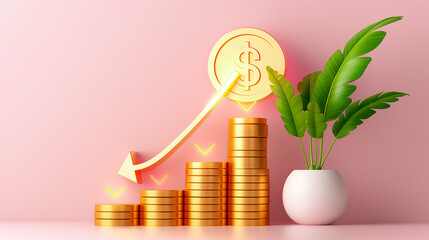 Poster - Golden coins are stacked in ascending order to symbolize financial growth, accompanied by a vibrant green plant against a soft pink background