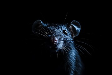 Wall Mural - A close-up portrait of a dark-colored rodent against a black background, highlighting its features.