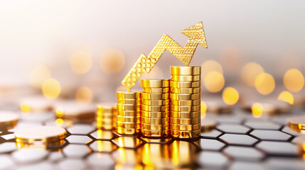 Poster - A stack of shiny golden coins rises in height, topped by an arrow pointing upward, representing an increase in financial prosperity and success amidst warm, blurred lights