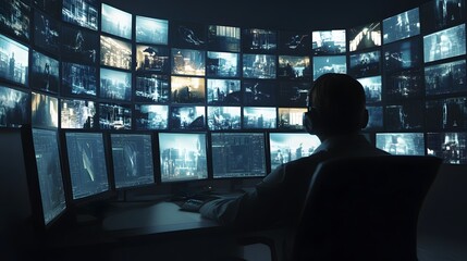 Poster - A person sits at a desk in a dark room, monitoring a wall of screens.