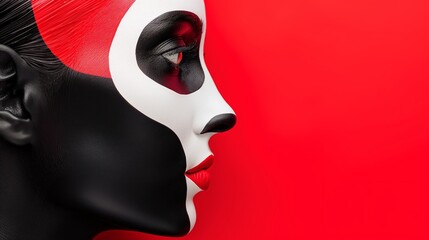 Canvas Print - A woman's face is painted with black and white stripes. The red background adds a bold and dramatic touch to the overall composition. The woman's face is the main focus of the image