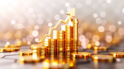 Poster - Stacks of golden coins rise alongside an upward-trending chart, signifying growth in investments and financial prosperity against a shimmering backdrop