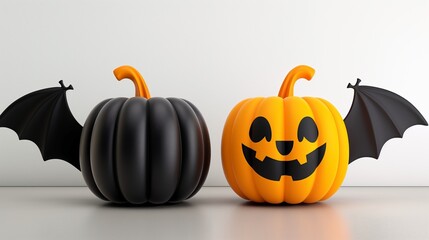 Two pumpkins with a bat on top of them. One is black and the other is orange