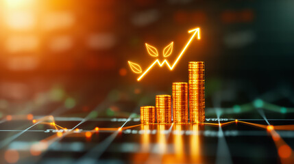 Poster - Golden hour light enhances a visual representation of financial growth, showcasing ascending coins and an upward arrow symbolizing increasing investment value