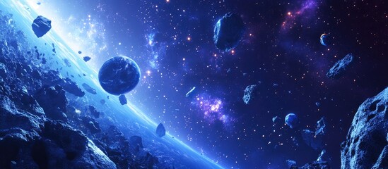 Poster - Cosmic art background featuring a 3D cartoon rendering of planets and galaxies showcasing the beauty of deep space and science fiction Billions of galaxies in the universe in a detailed 3D illustra