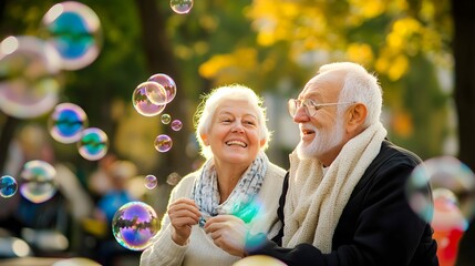 Wall Mural - woman man senior couple together elderly active happy retirement bubble soap blowing fun blow vitality bonding park outdoor leisure park fun