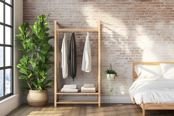 Wooden rack in white bedroom with brick wall, 3d rendering