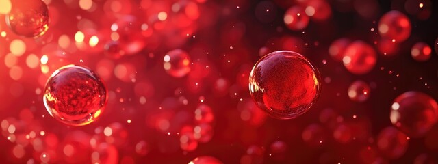 Poster - Abstract red background featuring scintillating circles and glosses in a 3D cartoon rendering style