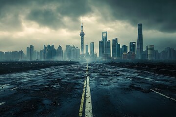 Poster - A dystopian cityscape featuring a deserted road leading to a skyline shrouded in mist and dramatic lighting.