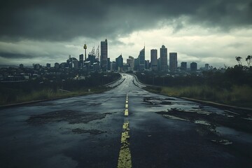 Sticker - A desolate road leads towards a city skyline under a moody sky, evoking a sense of isolation and urban decay.