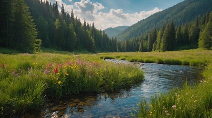 Wall Mural - Landscape summer wild river in the mountains