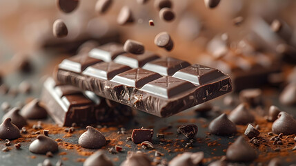 Dark Chocolate Bar with Chocolate Chips and Cocoa Powder - Photo