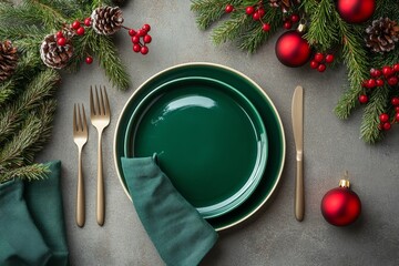 rustic christmas place settings with baubles and thuja branches viewed from above