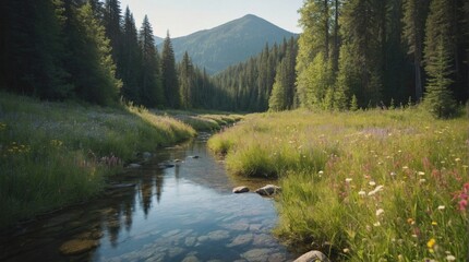 Wall Mural - Landscape summer wild river in the mountains