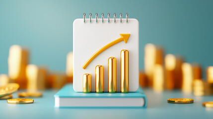Poster - A growth chart with an upward arrow is displayed on a notebook, emphasizing financial progress amidst scattered gold coins, representing economic success