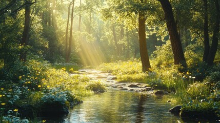 Poster - Sunbeams Illuminating a Forest Stream