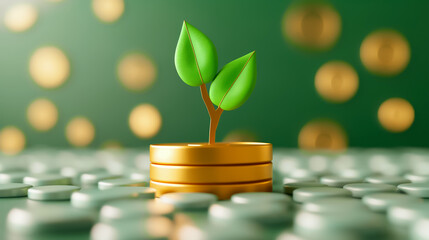 Poster - A young plant with vibrant green leaves grows from a stack of gold coins, representing the concept of financial growth and sustainable investments in a modern financial environment
