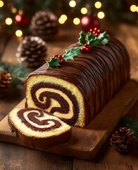 Wall Mural - This close-up shows a Christmas chocolate yule log (Buche de Noel) on a wooden cutting board