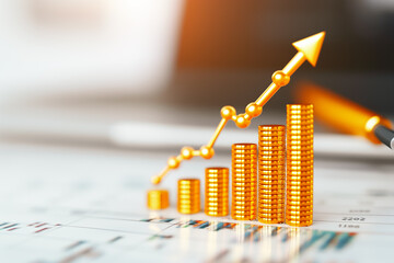 Poster - Stacked gold coins illustrate a rising financial trend, complemented by an upward arrow indicating growth potential, set against a blurred office background