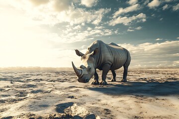 Poster - A rhinoceros stands in a barren landscape under a dramatic sky, showcasing wildlife in its natural habitat.