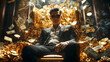 © Prasanth - opulent tycoon surrounded by cash and cryptocurrency golden wealth display
