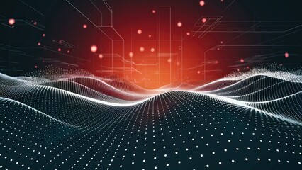 Poster -  Dynamic abstract black dots and grid wave patterns on a white background. Futuristic motion of particles and grids in an abstract setting.
