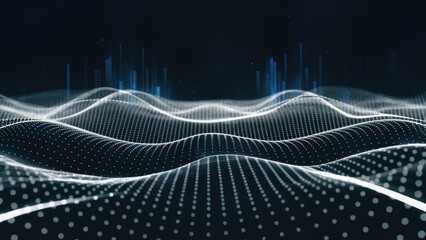 Poster -  Dynamic abstract black dots and grid wave patterns on a white background. Futuristic motion of particles and grids in an abstract setting.