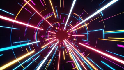 Poster - Dynamic abstract tunnel featuring vibrant multicolor spectrum. Bright neon light rays and glowing lines racing through a dark environment. 3D rendering.
