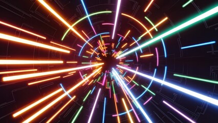 Poster - Dynamic abstract tunnel featuring vibrant multicolor spectrum. Bright neon light rays and glowing lines racing through a dark environment. 3D rendering.