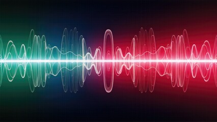 Poster - Dynamic green and pink sine waves oscillating horizontally, representing mathematical curves in science and technology.
