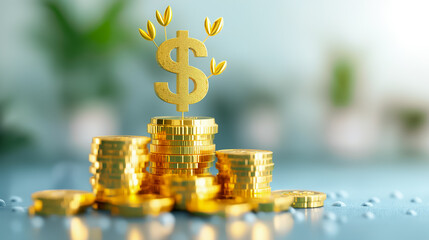 Poster - A stack of shiny gold coins features a prominent dollar sign topped with green leaves, symbolizing financial growth and investment potential in a light-filled environment