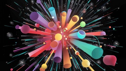 Poster - Dynamic shapes and colorful fireworks against a black background, representing celebration and digital innovation.