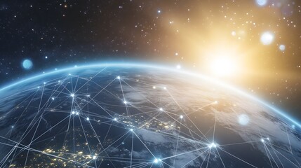 Poster - A network of connections spans the globe, seen from space against a backdrop of stars and the rising sun.