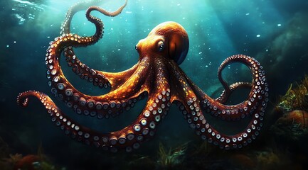 A large octopus with eight tentacles and suction cups swims in the ocean, illuminated by sunlight, in a dark blue water.