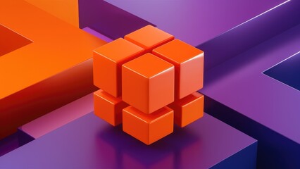 Poster - Elegant Abstract 3D Rendering of Orange and Purple Cube Design Element on Modern Background