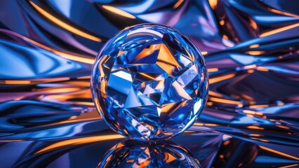 Poster - Elegant Blue and Orange Crystal Sphere with Reflections and Refractions in a Modern 3D Abstract Background - High Quality Illustration