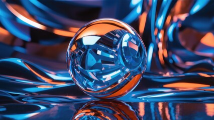Poster - Elegant Blue and Orange Crystal Sphere with Reflections and Refractions in a Modern 3D Abstract Background - High Quality Illustration