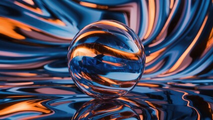 Poster - Elegant Blue and Orange Crystal Sphere with Reflections and Refractions in a Modern 3D Abstract Background - High Quality Illustration
