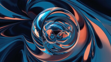 Poster - Elegant Modern 3D Rendering of Blue and Orange Crystal Sphere with Refraction and Reflection Abstract Background High-Quality Illustration