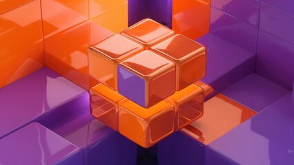Poster -  Elegant Modern 3D Rendering of Abstract Orange and Purple Cube Design Elements - High-Quality Illustration