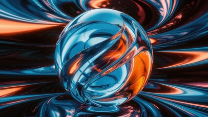 Poster - Elegant Modern 3D Rendering of Blue and Orange Crystal Sphere with Refraction and Reflection Abstract Background High-Quality Illustration